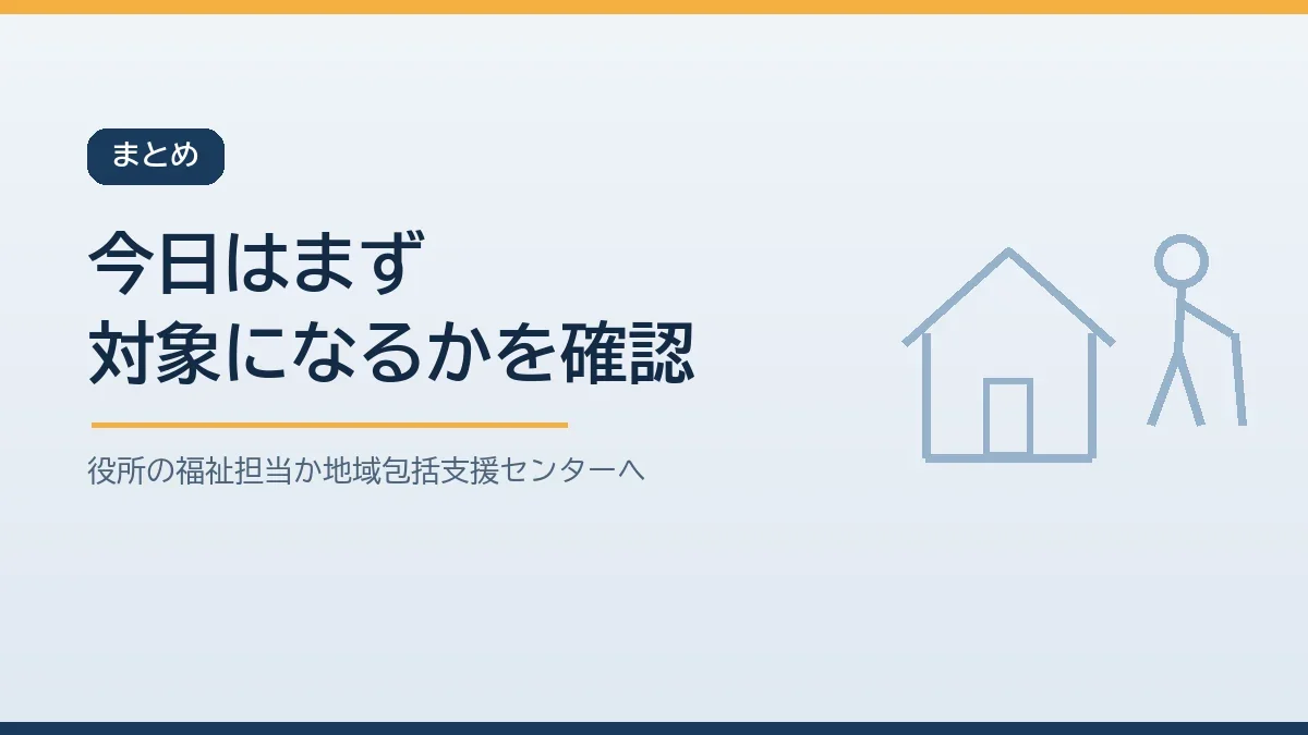 今日はまず福祉避難所の対象になるかを自治体に確認することから始めると伝えるまとめのバナー画像