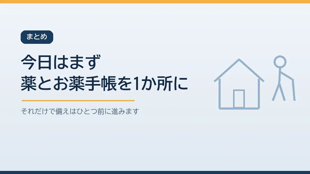 今日はまず義母の薬とお薬手帳を1か所にまとめることから始めると伝えるまとめのバナー画像