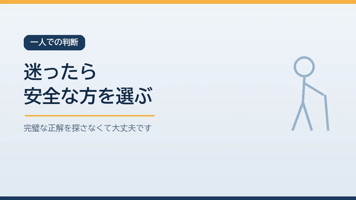 一人で判断に迷うときは安全な方を選ぶと決めておくことを示すバナー画像