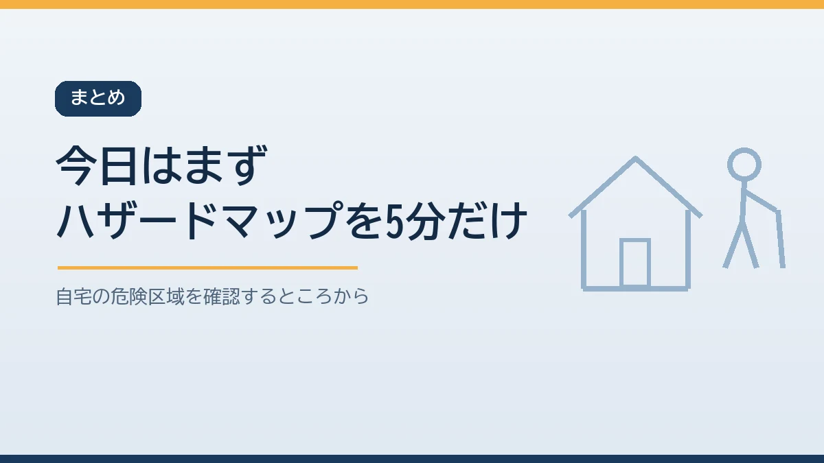 今日はまずハザードマップで自宅の危険区域を確認することから始めると伝えるまとめのバナー画像