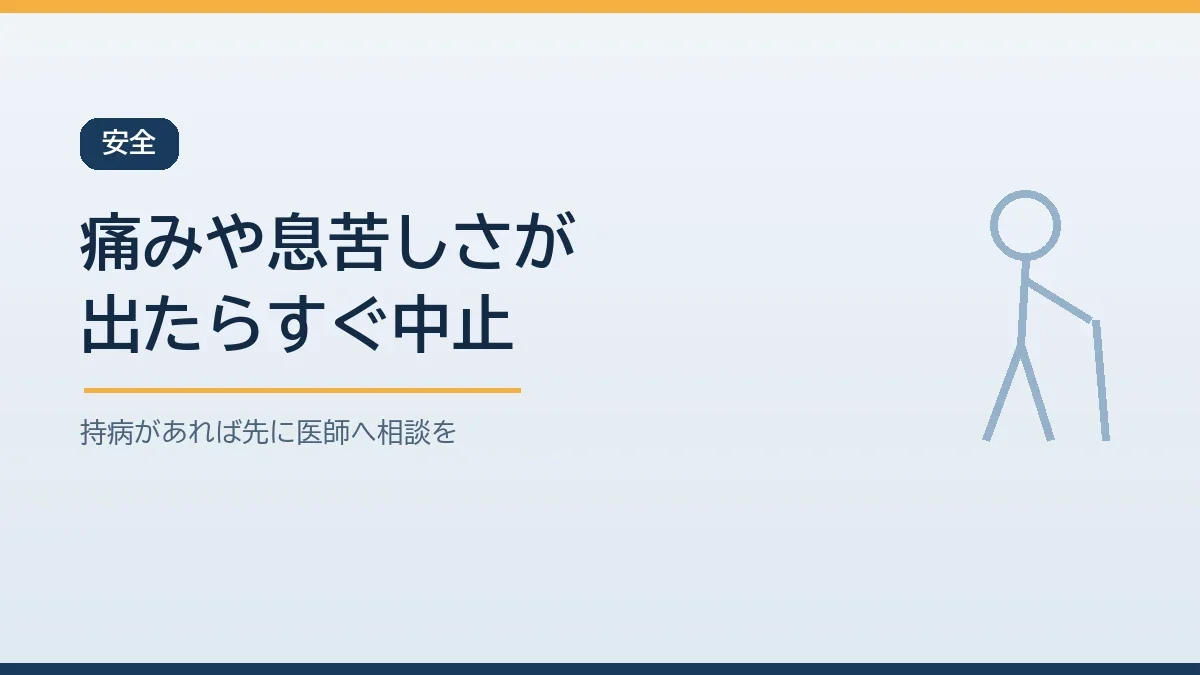 家庭での防災訓練は痛みや息苦しさが出たらすぐ中止し持病があれば先に医師に相談することを示すバナー画像