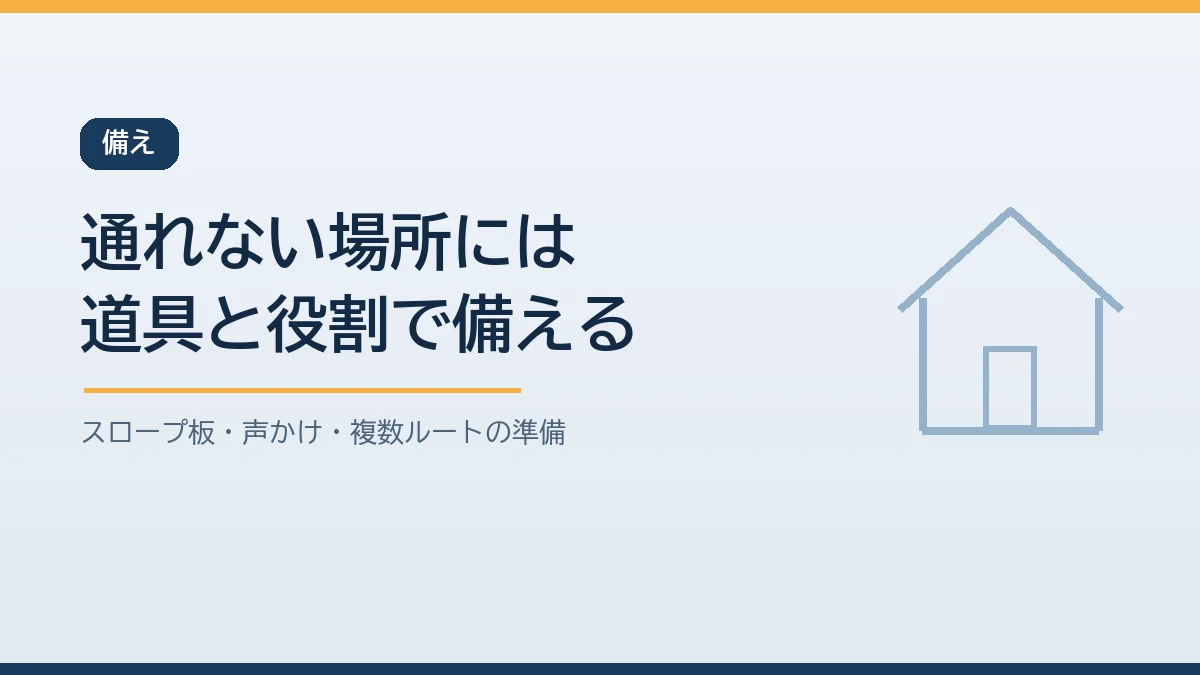 車いすで通れない場所に備えるスロープ板や役割分担の工夫を示すバナー画像