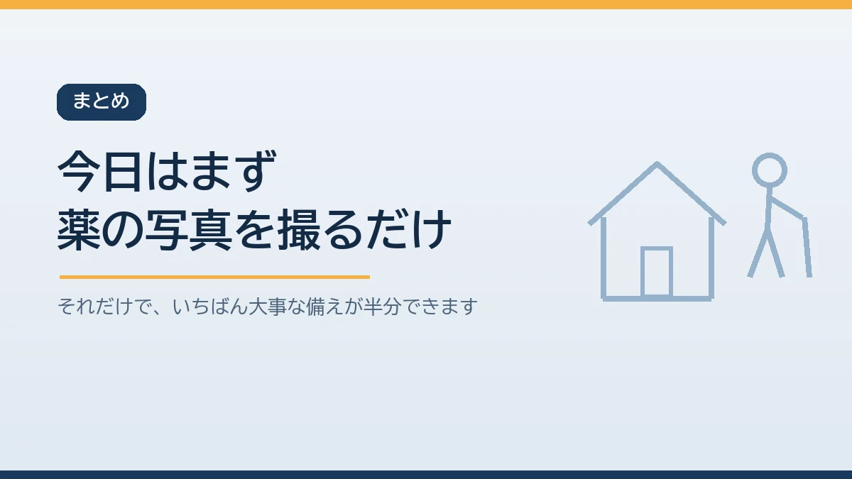 今日はまず薬の写真を撮るだけで十分と伝えるまとめのバナー画像