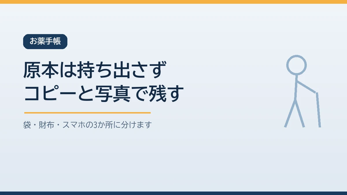 お薬手帳は原本を持ち出さずコピーと写真を3か所に分けて残すことを示すバナー画像