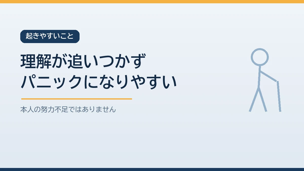 認知症のある方は状況の変化への理解が追いつかずパニックになりやすいことを示すバナー画像