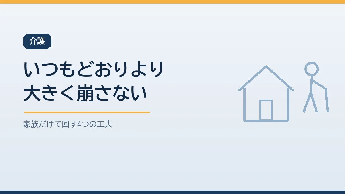 災害でデイサービスが休みの間は1日の流れと清拭と役割と家族の交代で大きく崩さずに介護することを示すバナー画像