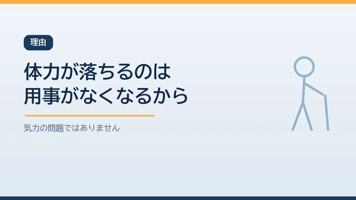 災害時に高齢者の体力が落ちる原因は運動不足よりも暮らしの中の用事がなくなることだと示すバナー画像