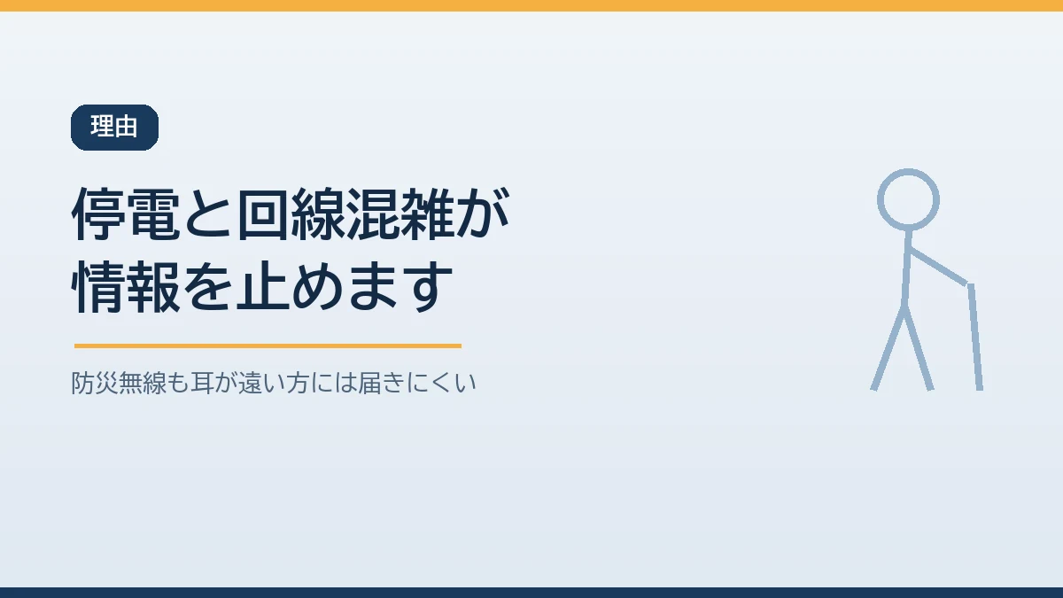 停電と通信の混雑と防災無線の聞こえにくさで高齢者に情報が届きにくくなることを示すバナー画像