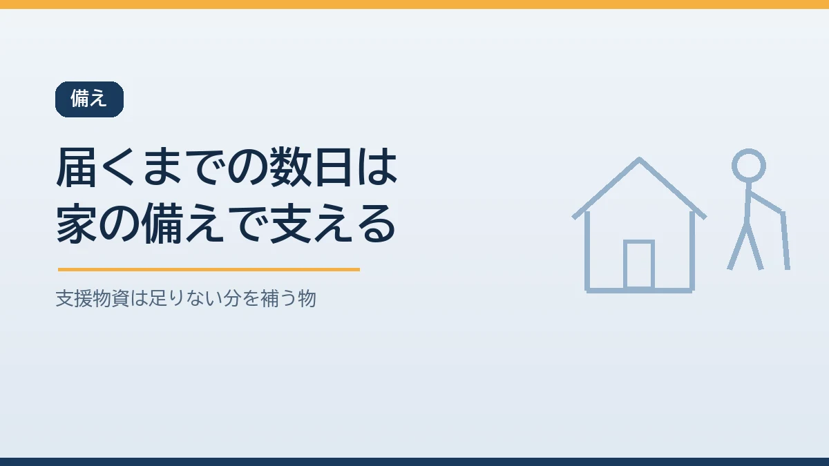 支援物資が届くまでの最初の数日は家の備蓄とやわらかい主食と受け取りの道具で支えることを示すバナー画像