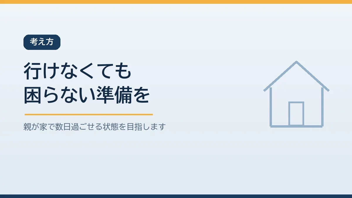 遠距離の親の防災は災害当日に駆けつけることではなく子どもがいなくても親が家で数日過ごせて様子を確かめられる状態を平時につくることだと示すバナー画像
