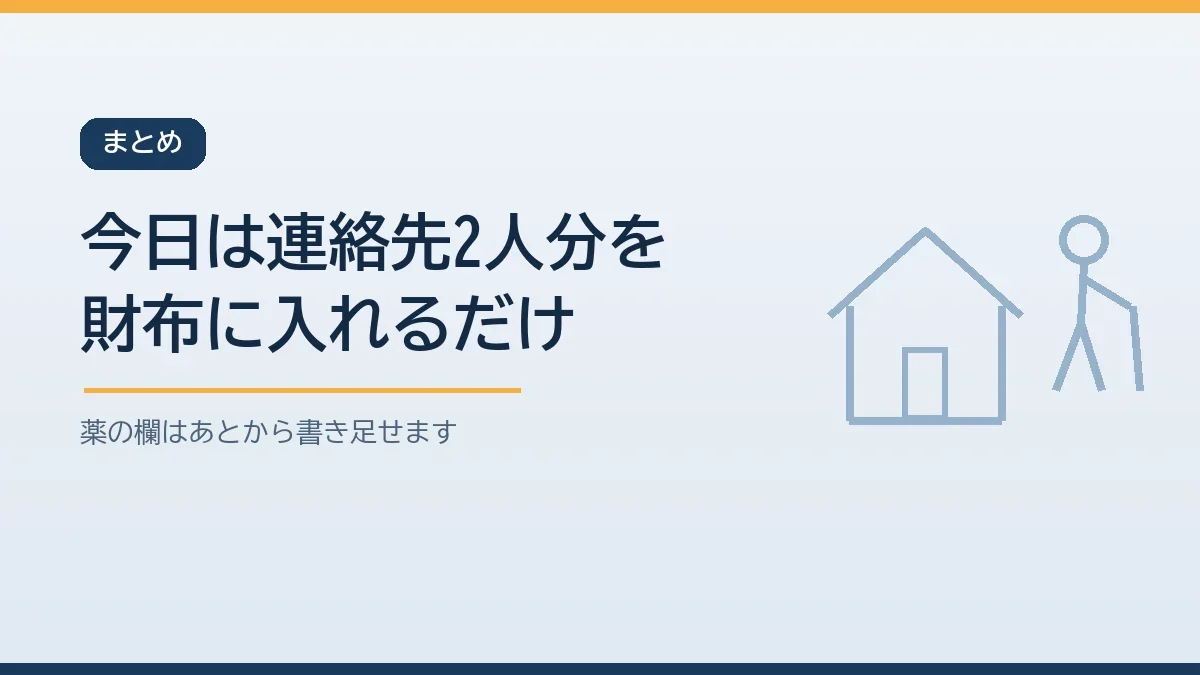 今日は家族2人の名前と電話番号を書いた紙を高齢の家族の財布に入れることから緊急連絡カードづくりを始めると伝えるまとめのバナー画像