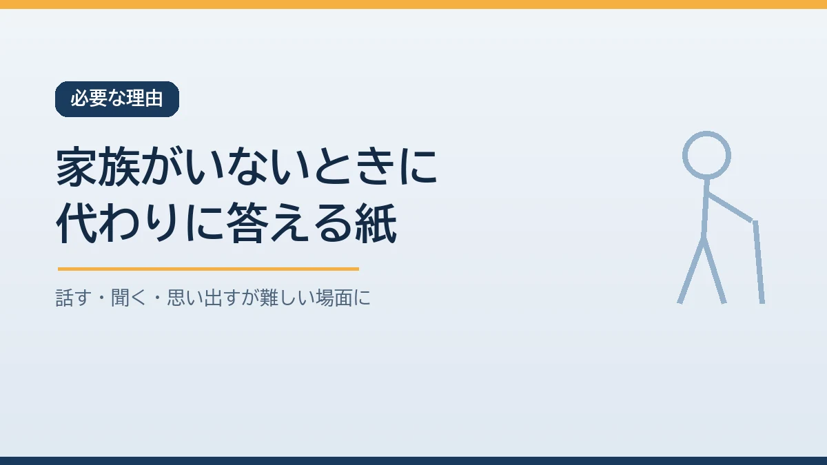 高齢の家族がけがや耳の遠さで話せないときや家族がそばにいない時間に緊急連絡カードが代わりに情報を伝えることを示すバナー画像