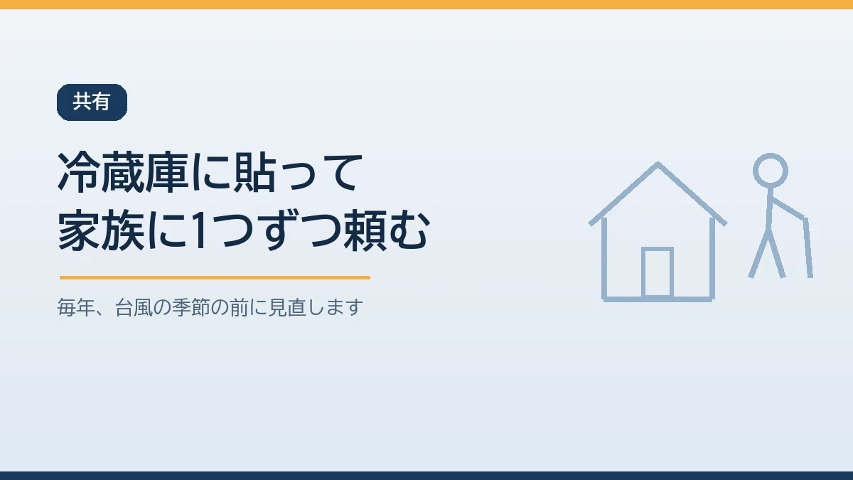 マイタイムラインを紙1枚にまとめて冷蔵庫に貼り家族に役割を1つずつ頼み毎年台風の季節の前に見直すことを示すバナー画像