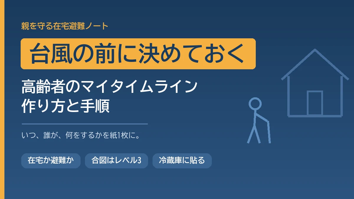 台風が近づいたときに高齢の家族と暮らす家庭がいつ誰が何をするかを時系列で決めておくマイタイムラインの作り方を解説する記事のアイキャッチ画像