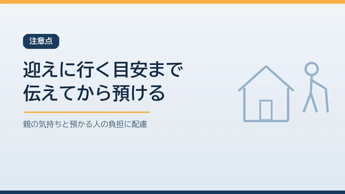 ペットを預けるときは親の気持ちを受け止め、迎えに行く目安を伝え、預かる人の負担を減らすことを示すバナー画像