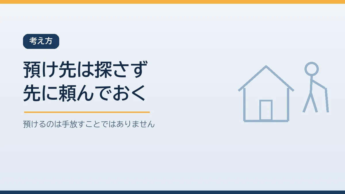 災害時のペットの預け先は起きてから探すのではなく平時に頼んでおくものであり預けるのは手放すことではないと伝えるバナー画像