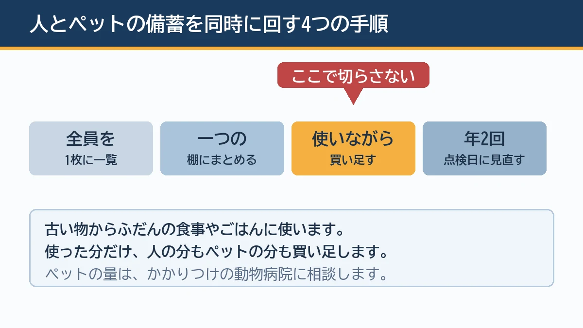 家族とペットを一覧にし一つの棚にまとめて置きふだん使いながら買い足して年に2回の点検日に見直すという人とペットの備蓄を同時に回す4つの手順を示す図解