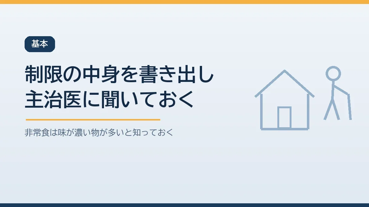 食事制限の内容を紙に書き出し災害時の考え方を主治医に聞いておくことと非常食は味付けが濃い物が多いことを示すバナー画像