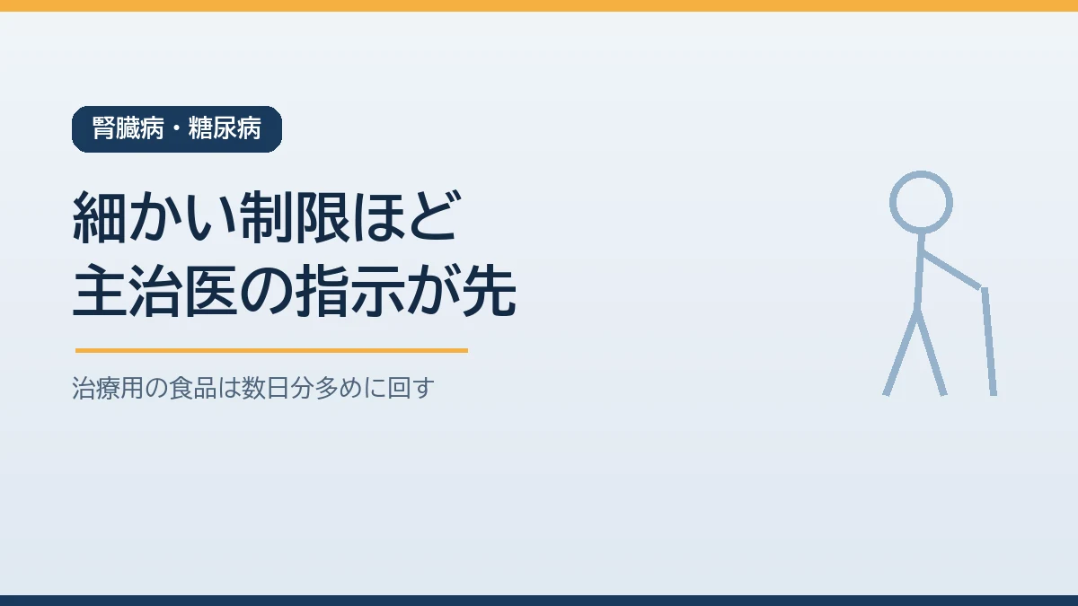 腎臓病のたんぱく質やカリウムの制限や糖尿病の食事の量は主治医や管理栄養士の指示を優先し治療用の食品を多めに回して備えることを示すバナー画像