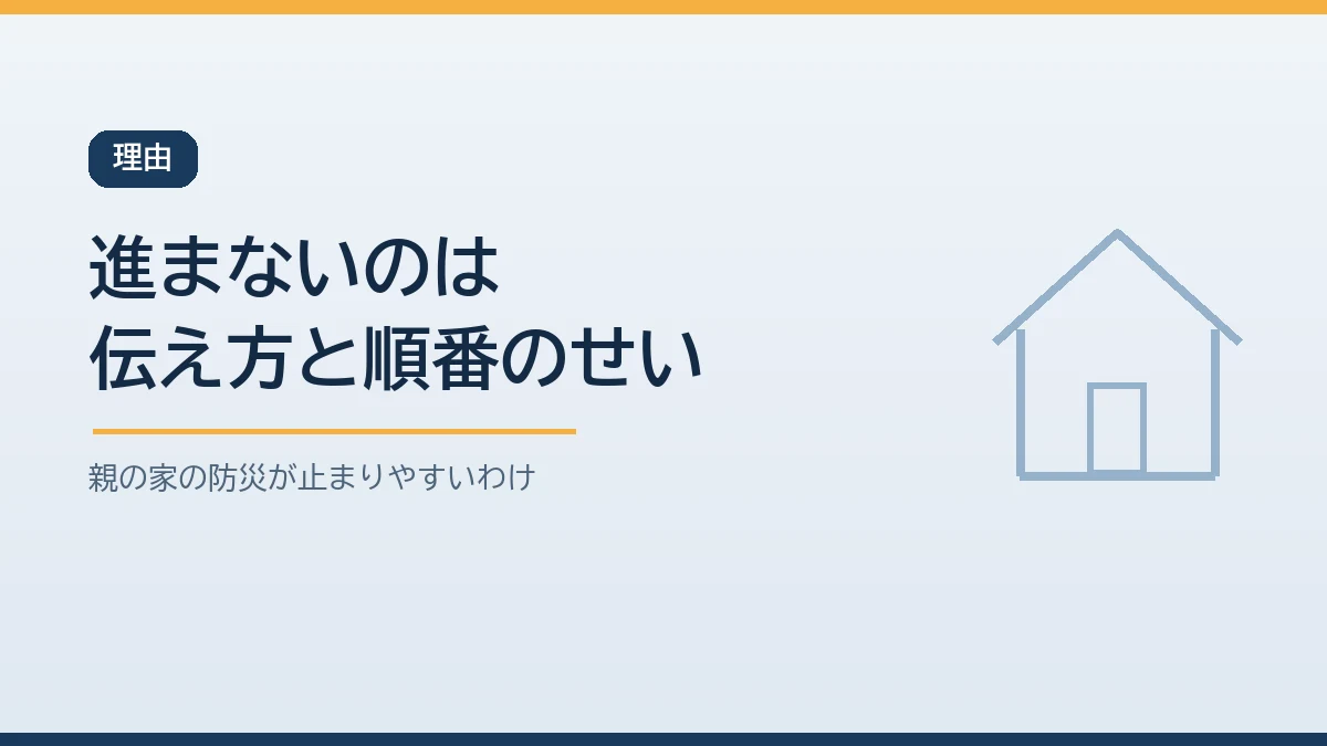 親の家の防災が進まない原因は備えの中身ではなく伝え方と順番にあることを示すバナー画像