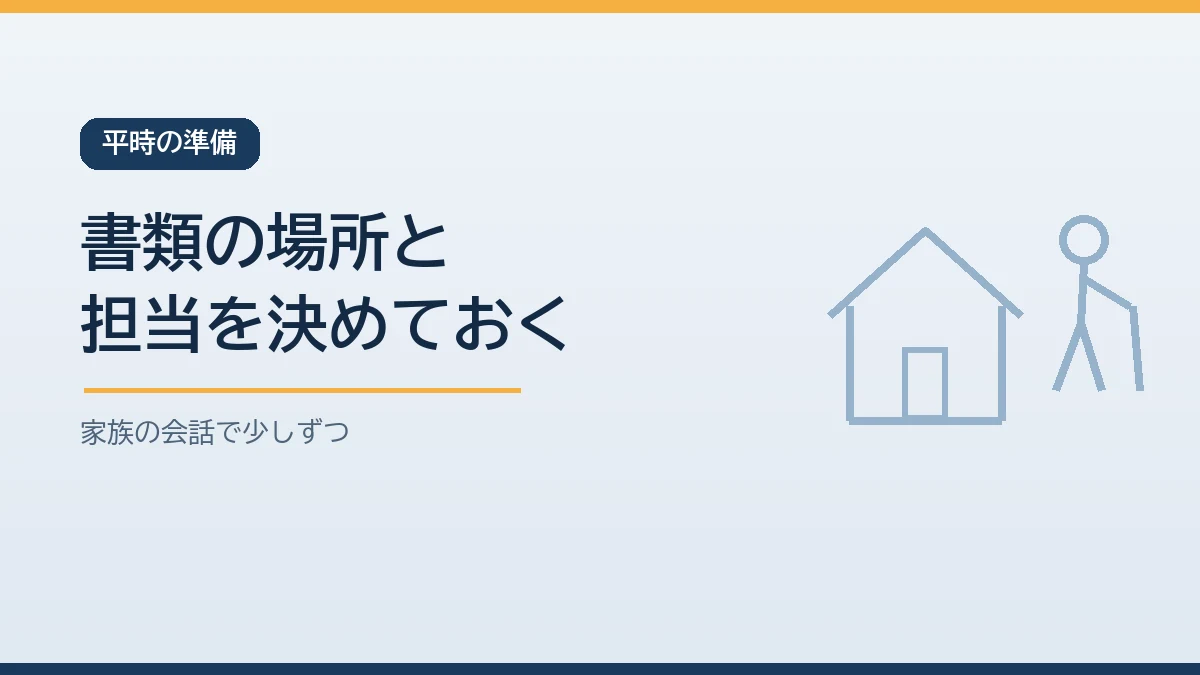 被災後の手続きに備えて保険証券や本人確認書類の置き場所と手続きの担当を平時に家族で決めておくことを示すバナー画像