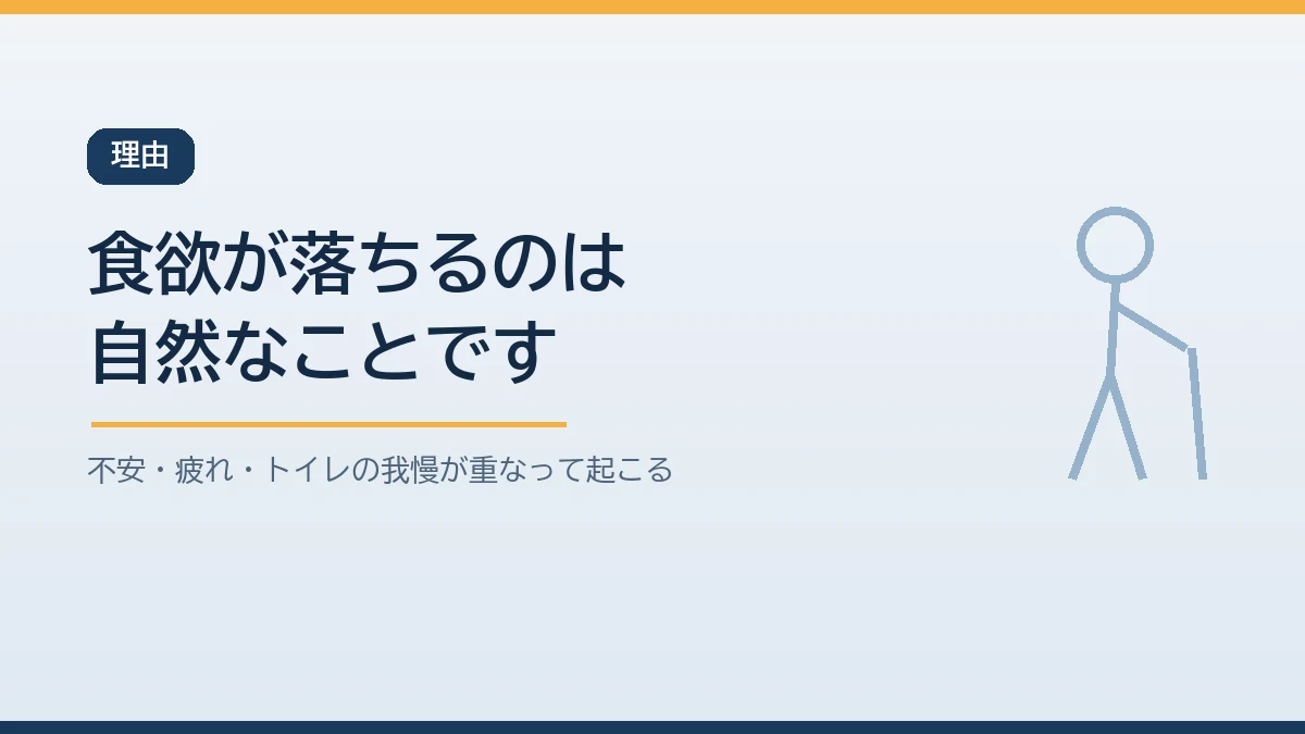 災害のあとに高齢者の食欲が落ちるのは不安や疲れやトイレの我慢や冷たい食事が重なって起こる自然なことだと示すバナー画像