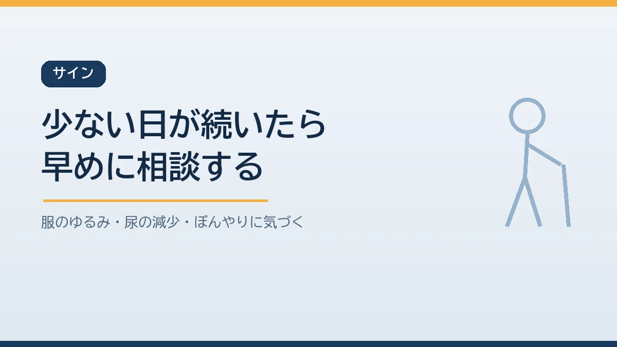 食べる量が少ない日が続くときや服がゆるくなる尿が減るぼんやりするといった低栄養のサインに気づいたら早めに相談することを示すバナー画像