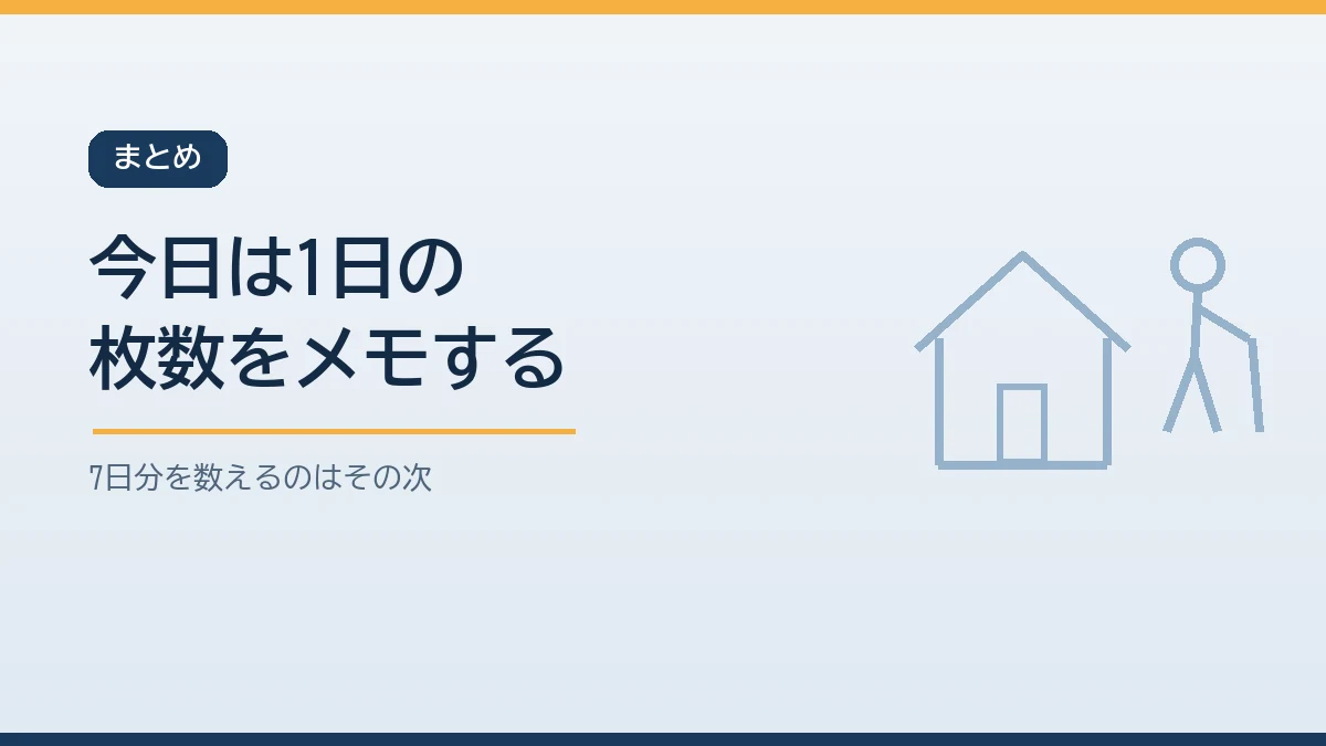親が1日に使うパッドとパンツの枚数をメモすることから大人用おむつの備蓄を始めると伝えるまとめのバナー画像
