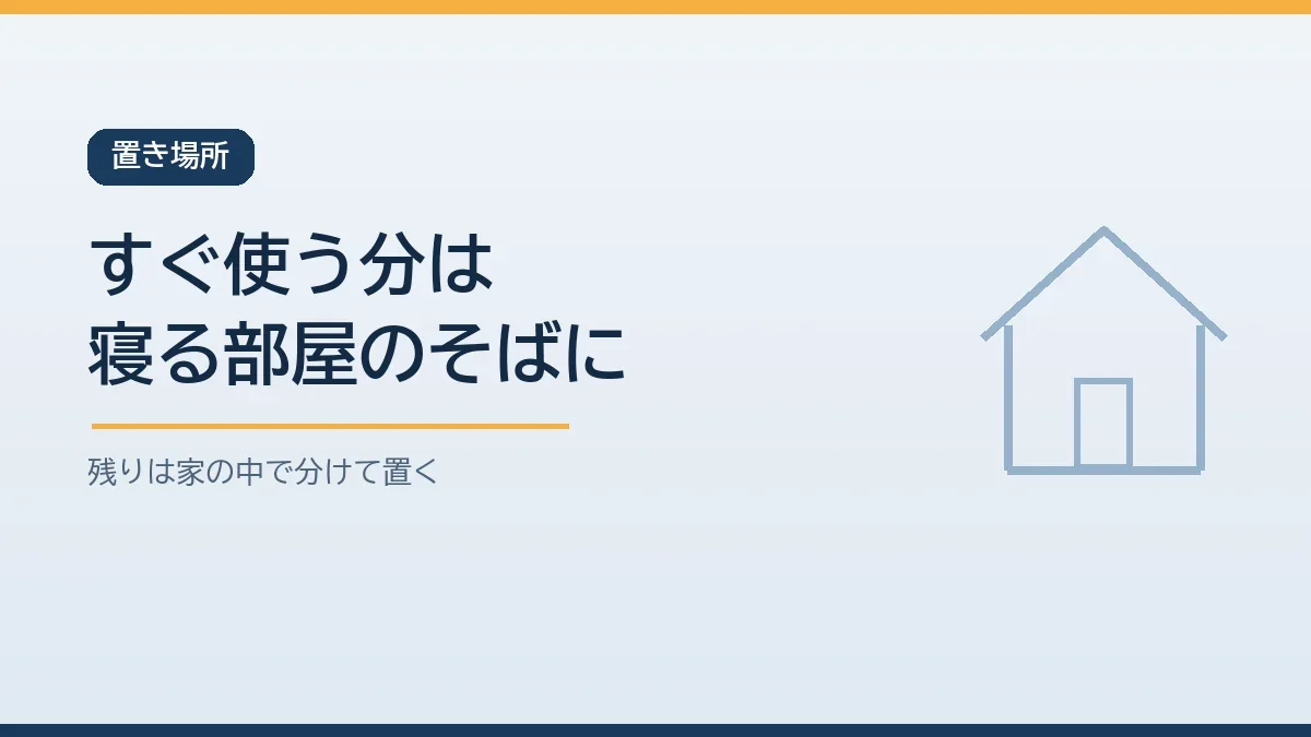 大人用おむつの1日分は親が寝る部屋のそばに置き残りは1階と2階など家の中で分けて置くことを示すバナー画像