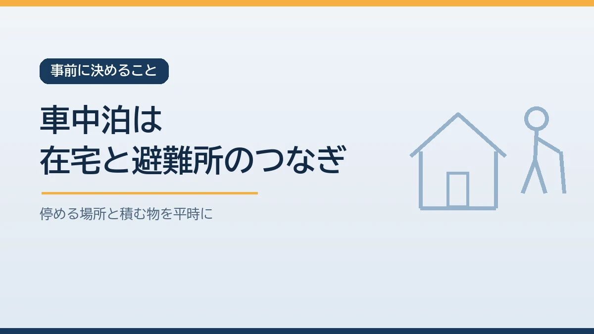 車中泊は在宅避難も避難所も難しいときのつなぎとして考え車を停める場所と車に積んでおくものを平時に決めておくことを示すバナー画像