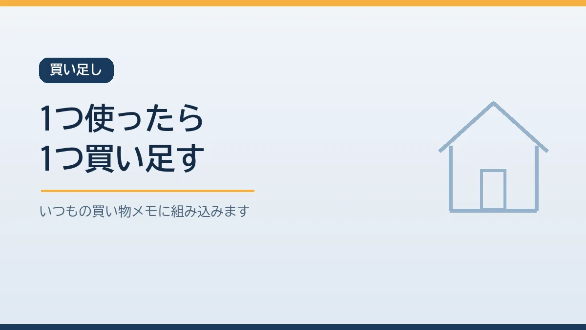 備蓄の食品を1つ食べたらいつもの買い物メモに書き足して次の買い物で1つ買い足し月に1回期限を確かめる仕組みを示すバナー画像