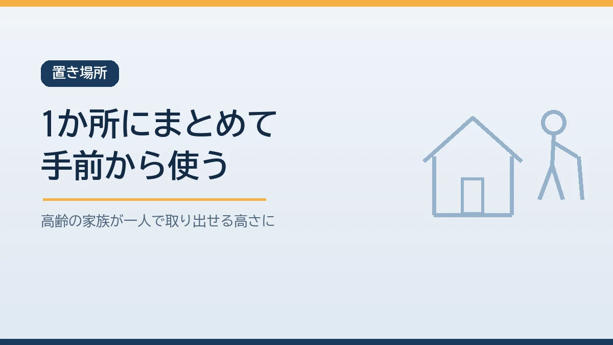 備蓄の食品を台所の近くの1か所にまとめ買い足した物を奥に入れて手前から使い高齢の家族が取り出せる腰から胸の高さに置くことを示すバナー画像