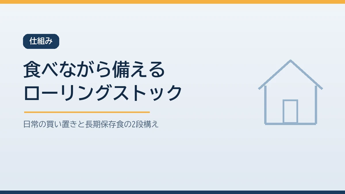 ふだんの食料を少し多めに買い置きして古い物から食べ食べた分を買い足すローリングストックの仕組みと長期保存食を土台に置く2段構えを示すバナー画像