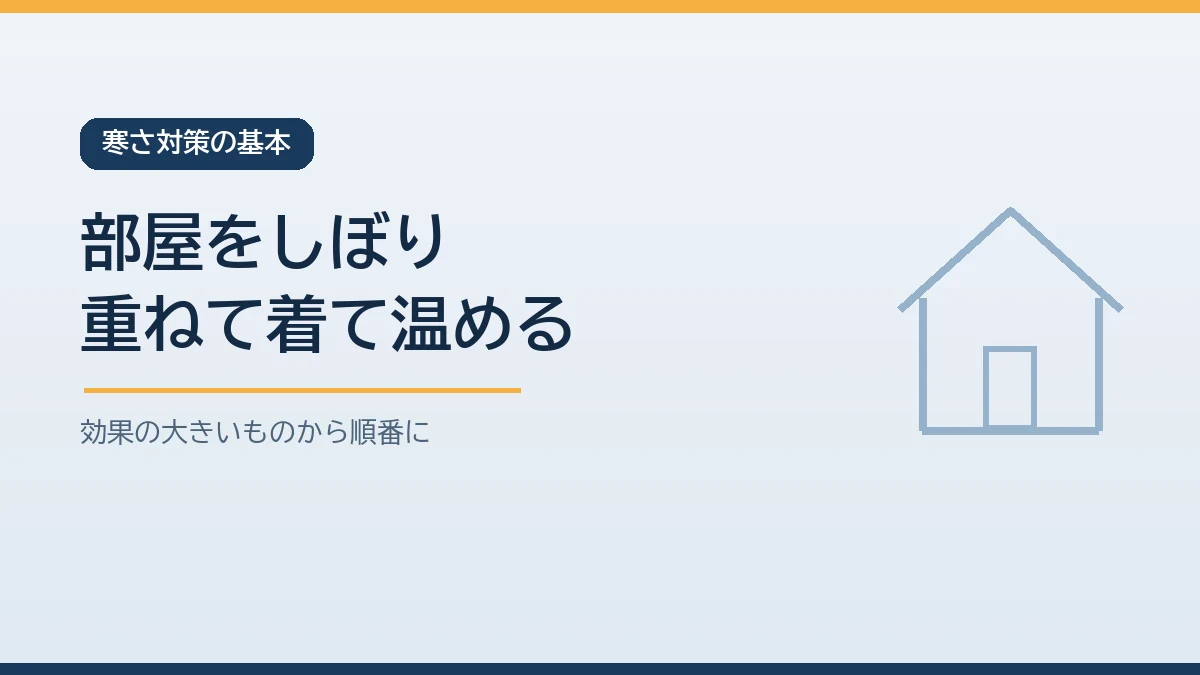 冬の在宅避難では日当たりのよい1部屋に集まり窓と床のすき間をふさぎ薄手の服を重ねて湯たんぽで温めるという順番で寒さをしのぐことを示すバナー画像